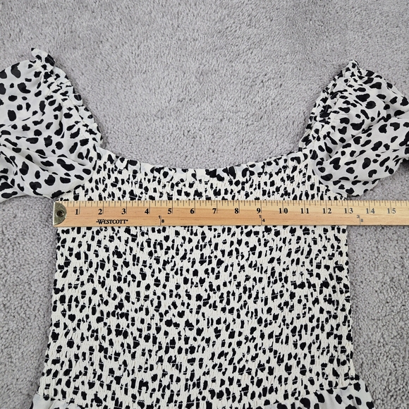 Reformation Elle Mini Dress Black White Ocelot Animal Print Smocked Puff Sleeves - Picture 6 of 14